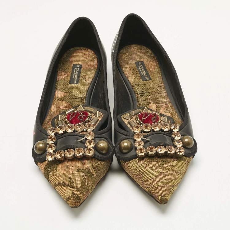 Pre Owned Dolce & Gabbana Black Canvas and Leather Crystal Embellishment Ballet Flats  Size 38