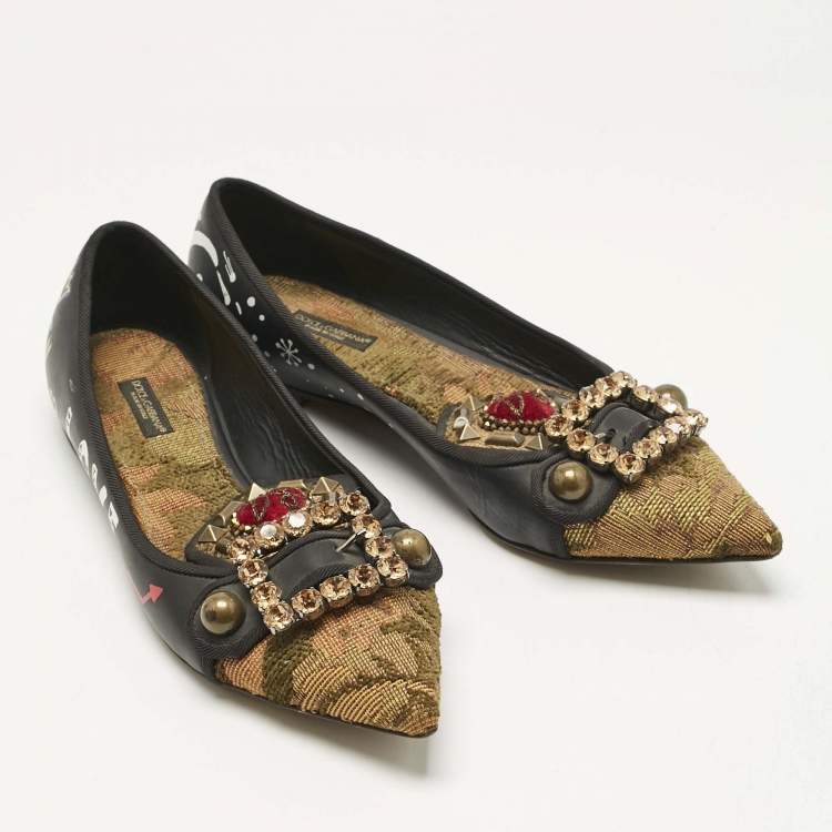 Pre Owned Dolce & Gabbana Black Canvas and Leather Crystal Embellishment Ballet Flats  Size 38
