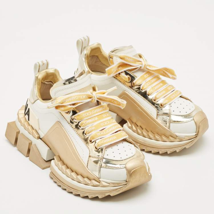 Pre Owned Dolce & Gabbana White/Gold Leather Super King Lace Up Sneakers Size 35.5