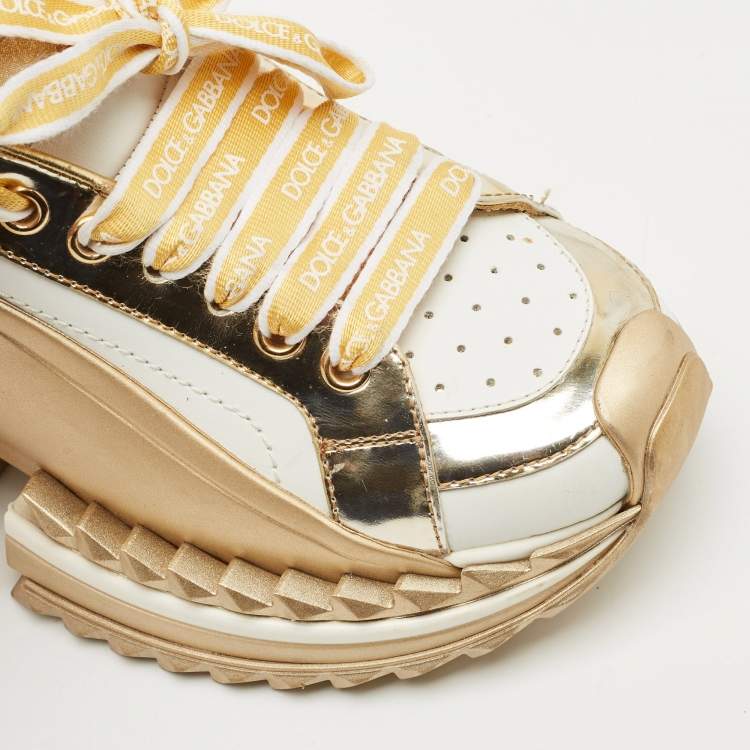 Pre Owned Dolce & Gabbana White/Gold Leather Super King Lace Up Sneakers Size 35.5