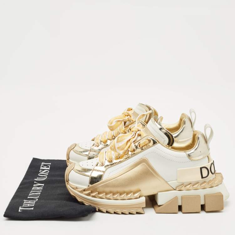 Pre Owned Dolce & Gabbana White/Gold Leather Super King Lace Up Sneakers Size 35.5