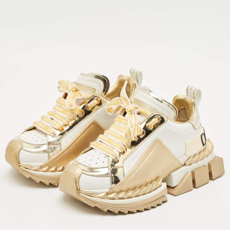 Pre Owned Dolce & Gabbana White/Gold Leather Super King Lace Up Sneakers Size 35.5