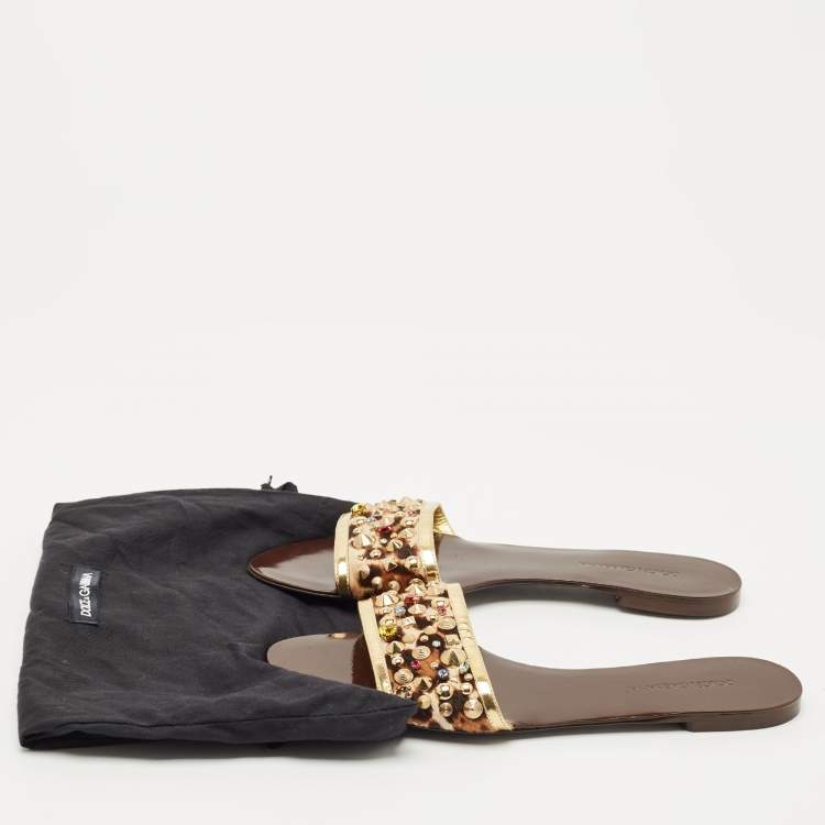Pre Owned Dolce & Gabbana Gold Calf Hair and Leather Crystal Embellished Flat Slide Size 40