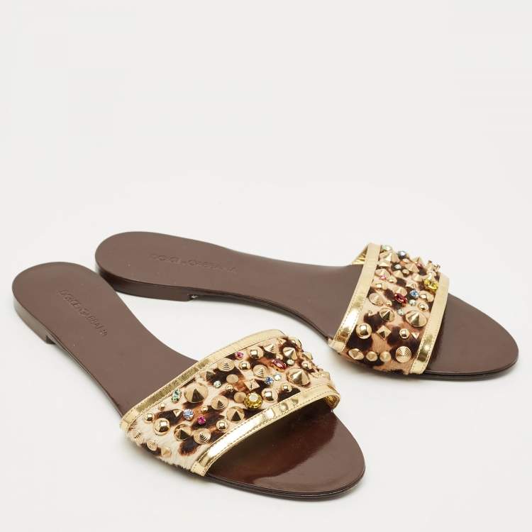 Pre Owned Dolce & Gabbana Gold Calf Hair and Leather Crystal Embellished Flat Slide Size 40
