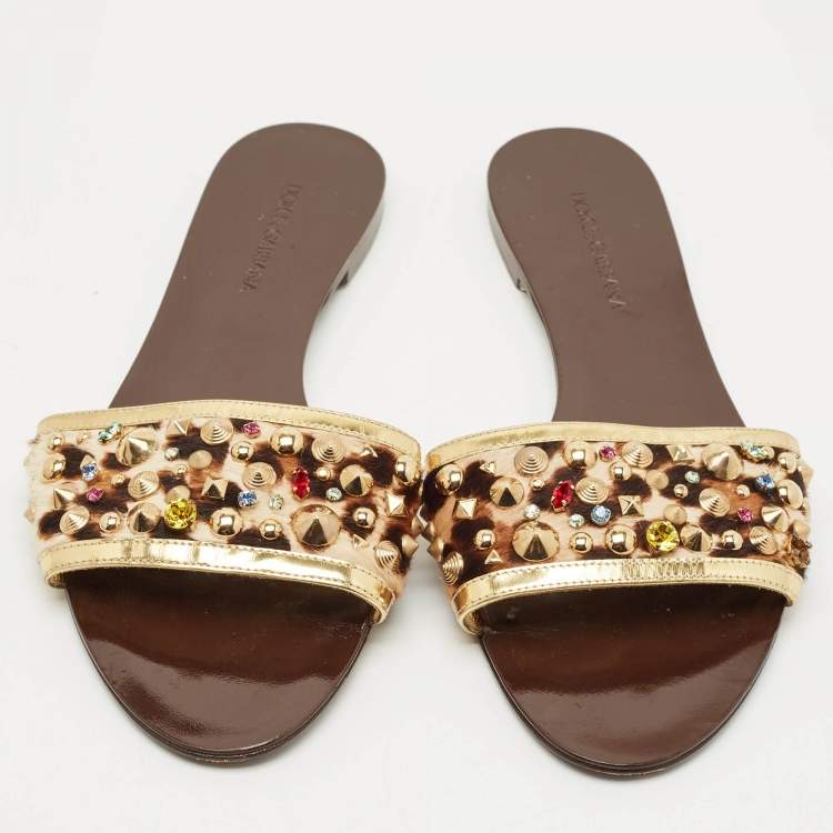 Pre Owned Dolce & Gabbana Gold Calf Hair and Leather Crystal Embellished Flat Slide Size 40