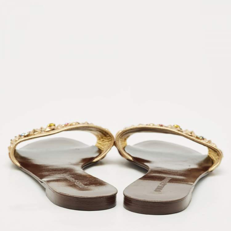 Pre Owned Dolce & Gabbana Gold Calf Hair and Leather Crystal Embellished Flat Slide Size 40
