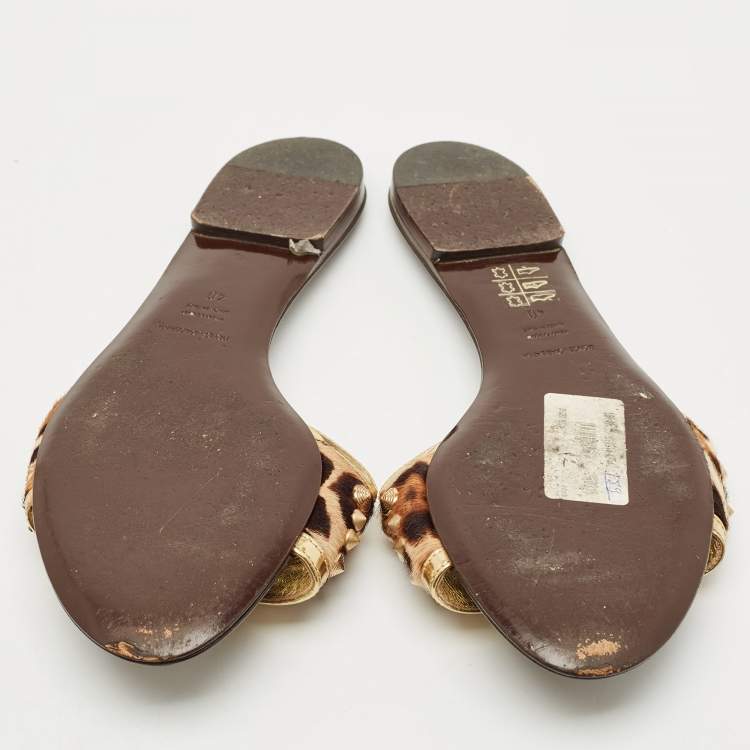 Pre Owned Dolce & Gabbana Gold Calf Hair and Leather Crystal Embellished Flat Slide Size 40