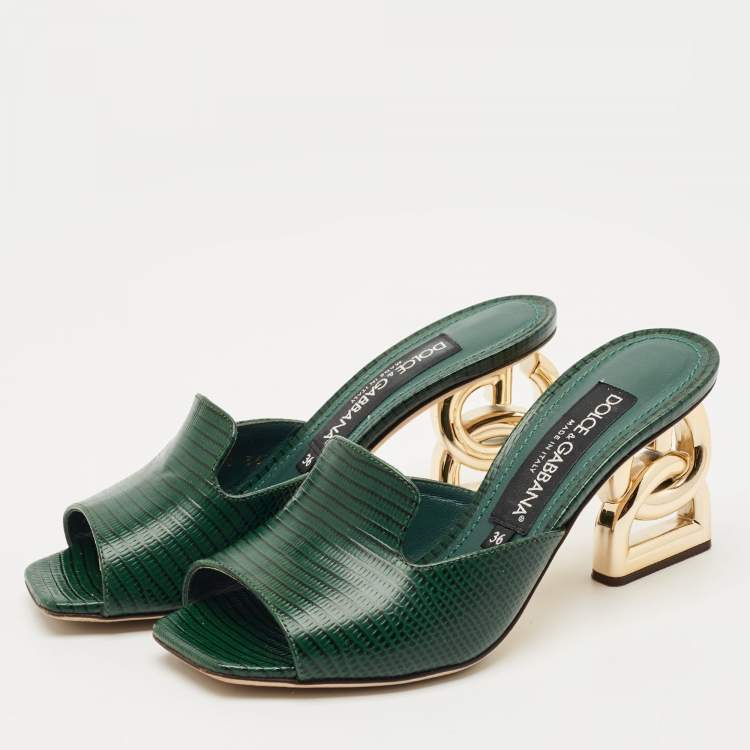 Pre Owned Dolce & Gabbana Green Lizard Embossed Leather Keira Slide Sandals Size 36