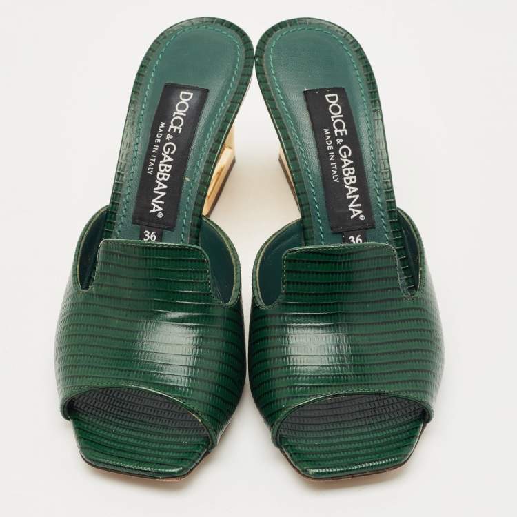 Pre Owned Dolce & Gabbana Green Lizard Embossed Leather Keira Slide Sandals Size 36