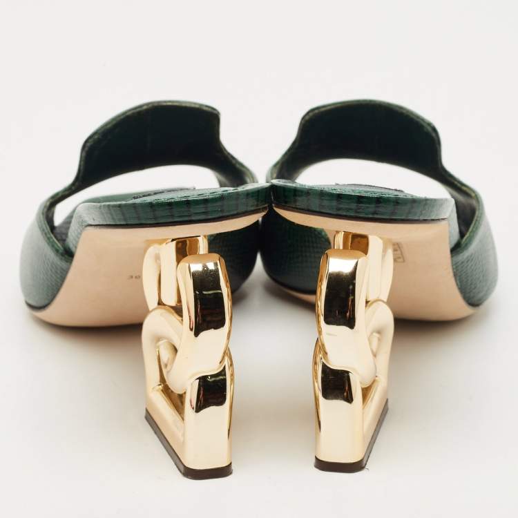Pre Owned Dolce & Gabbana Green Lizard Embossed Leather Keira Slide Sandals Size 36