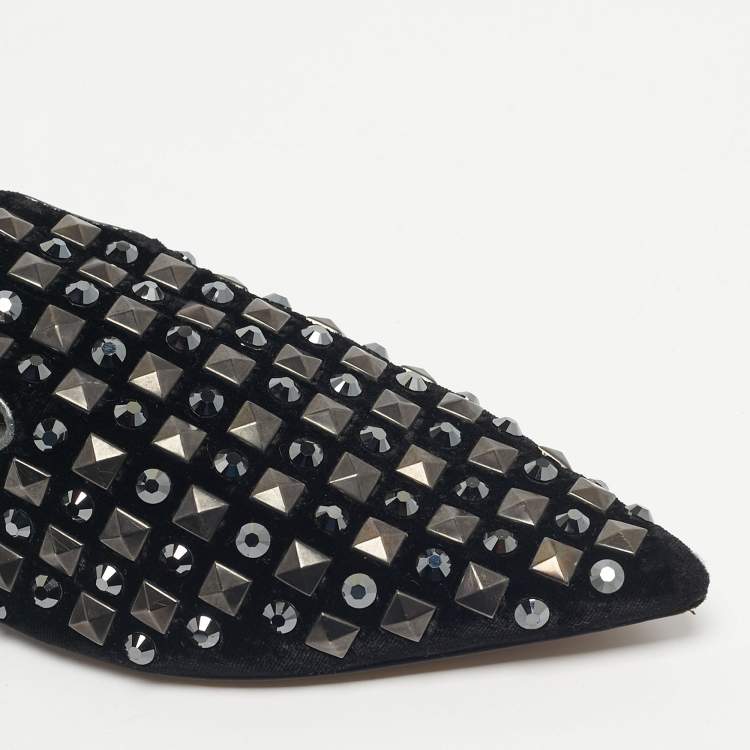 Pre Owned Dolce & Gabbana Black Velvet Crystal and Studs Embellished Smoking Slippers Size 39.5