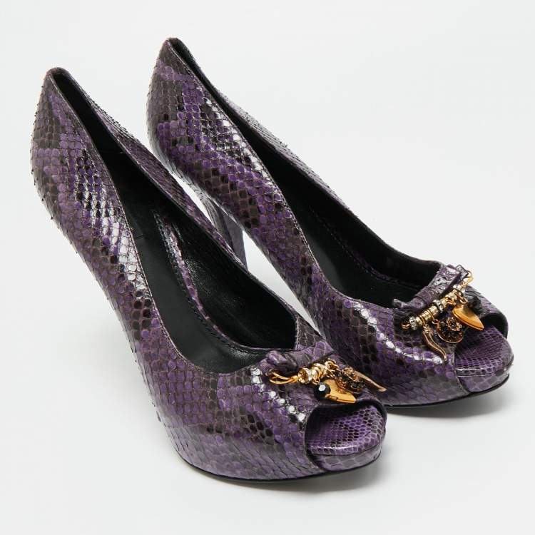 Pre Owned Dolce & Gabbana Purple/Black Watersnake Leather Peep Toe Platform Pumps Size 40