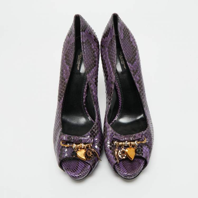 Pre Owned Dolce & Gabbana Purple/Black Watersnake Leather Peep Toe Platform Pumps Size 40