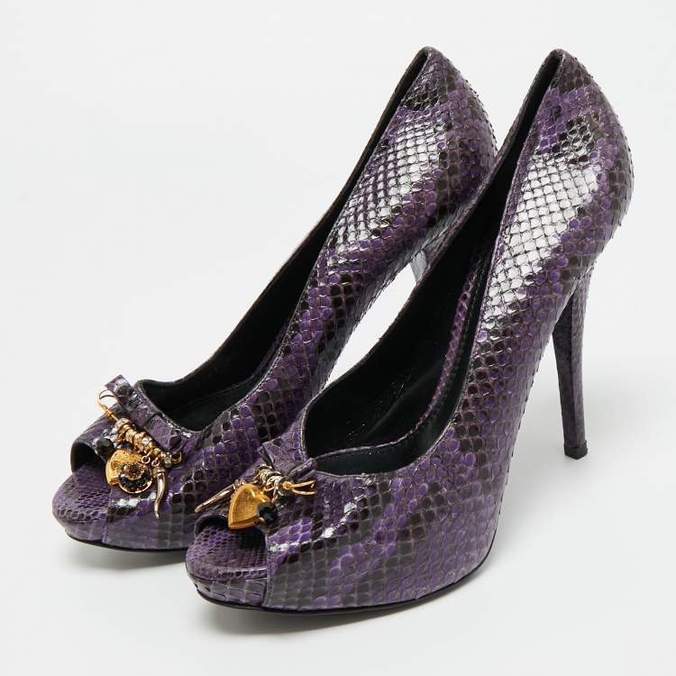 Pre Owned Dolce & Gabbana Purple/Black Watersnake Leather Peep Toe Platform Pumps Size 40