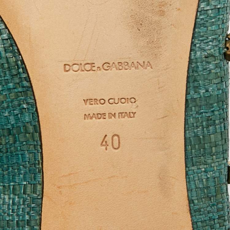 Pre Owned Dolce & Gabbana Green Raffia Crystal Embellished Smoking Slippers Size 40