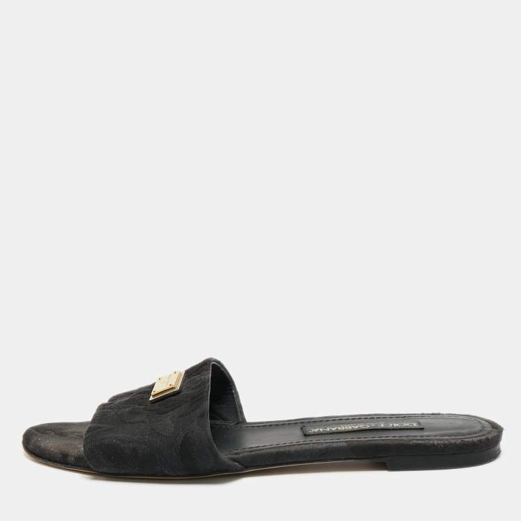 Pre Owned Dolce & Gabbana Black Canvas Flat Slides Size 40.5