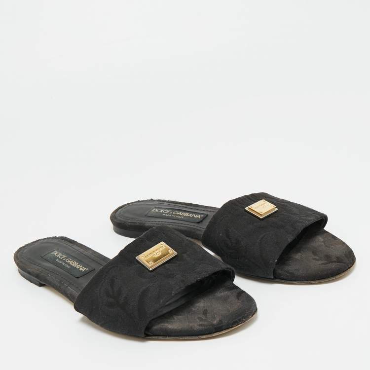 Pre Owned Dolce & Gabbana Black Canvas Flat Slides Size 40.5