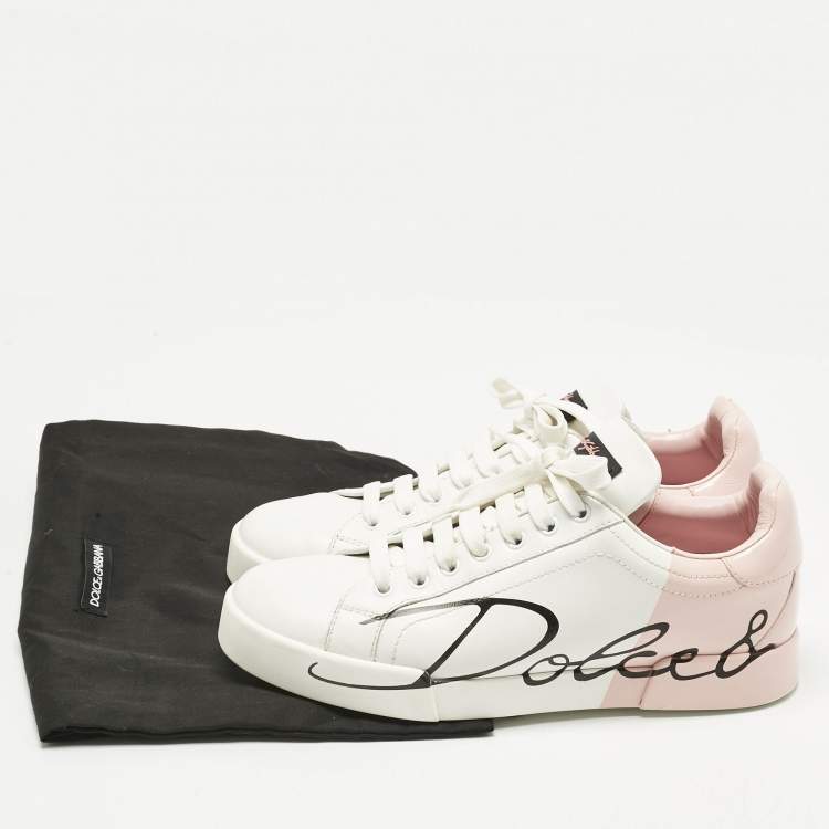 Pre Owned Dolce & Gabbana White/Pink Leather Portofino Lace Up Sneakers Size 39.5