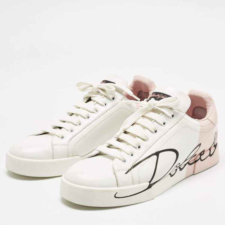 Pre Owned Dolce & Gabbana White/Pink Leather Portofino Lace Up Sneakers Size 39.5