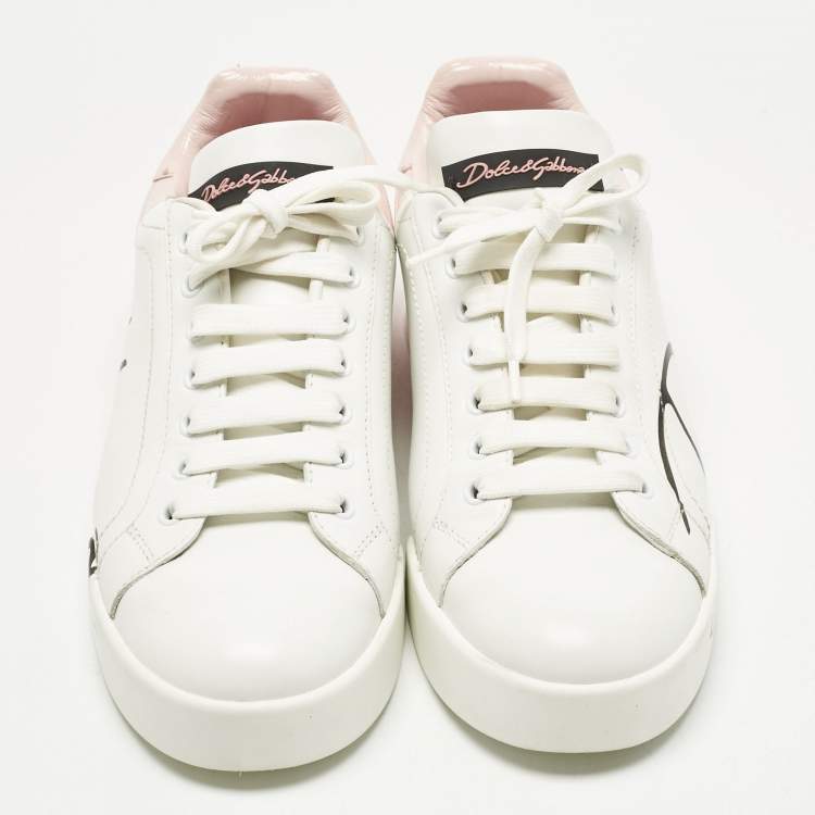 Pre Owned Dolce & Gabbana White/Pink Leather Portofino Lace Up Sneakers Size 39.5
