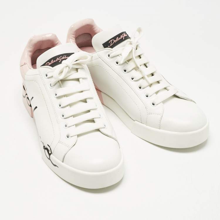 Pre Owned Dolce & Gabbana White/Pink Leather Portofino Lace Up Sneakers Size 39.5