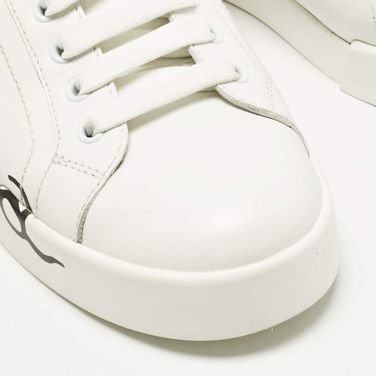 Pre Owned Dolce & Gabbana White/Pink Leather Portofino Lace Up Sneakers Size 39.5