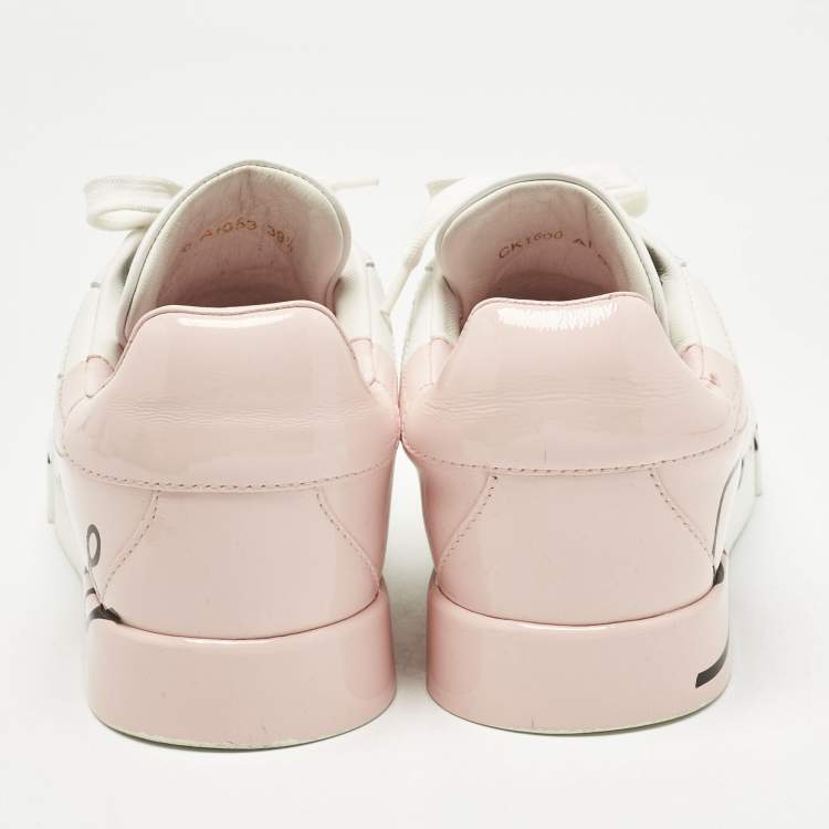 Pre Owned Dolce & Gabbana White/Pink Leather Portofino Lace Up Sneakers Size 39.5