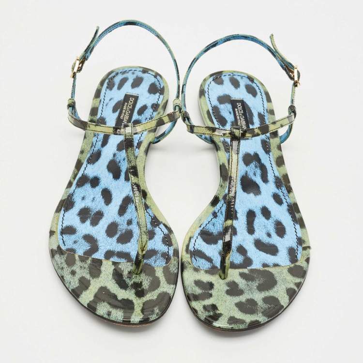 Pre Owned Dolce & Gabbana Green/Black Patent Leather Thong Slingback Flat Sandals Size 39