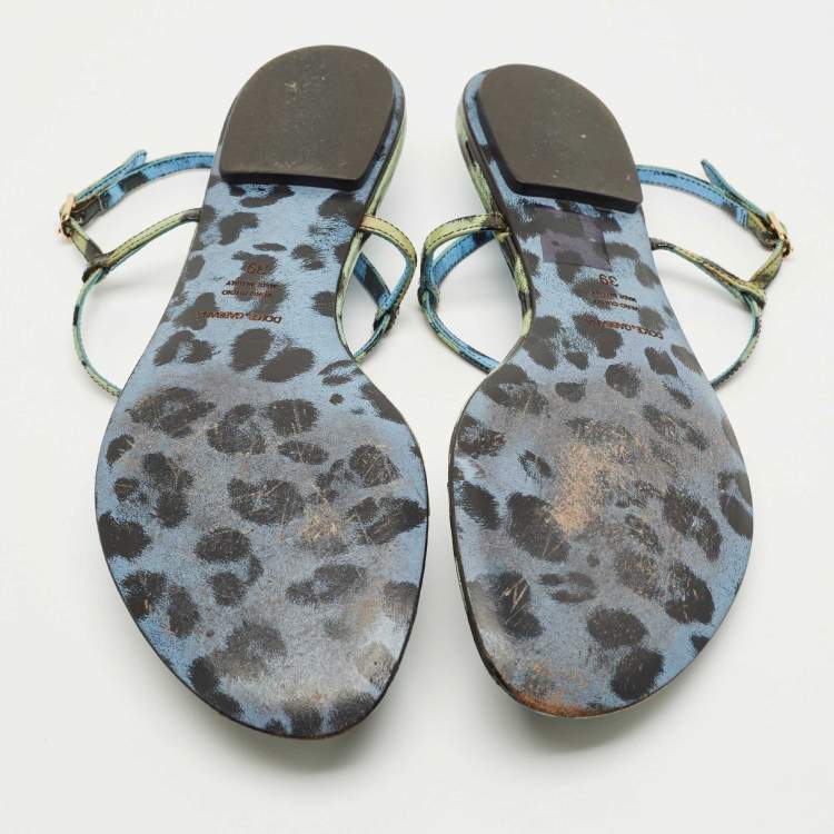 Pre Owned Dolce & Gabbana Green/Black Patent Leather Thong Slingback Flat Sandals Size 39