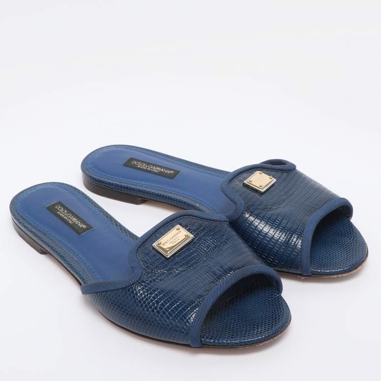 Pre Owned Dolce & Gabbana Blue Lizard Embossed Leather Sofia Slides Size 35