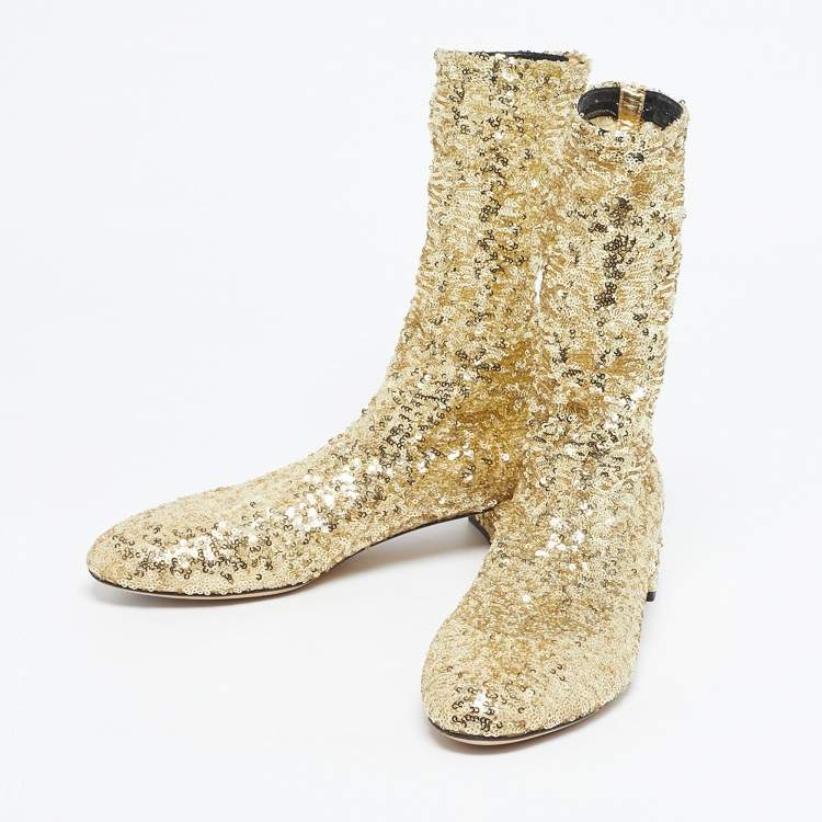 Pre Owned Dolce & Gabbana Gold Sequins Vally Boots Size 40