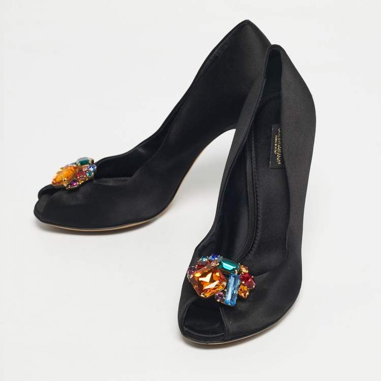 Pre Owned Dolce & Gabbana Black Satin Crytal Embellished Open Toe Pumps Size 40