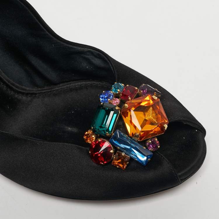 Pre Owned Dolce & Gabbana Black Satin Crytal Embellished Open Toe Pumps Size 40