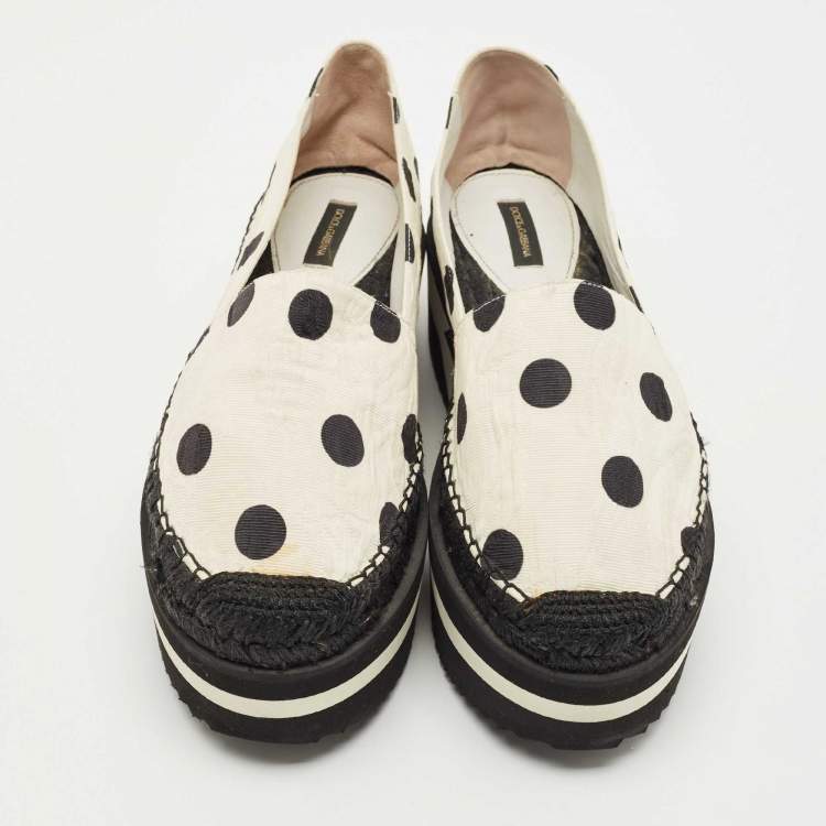 Pre Owned Dolce & Gabbana White/Black Polka Dot Fabric Platform Flats Size 39