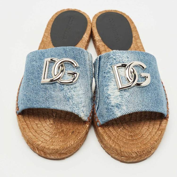 Pre Owned Dolce & Gabbana Blue Denim DG Flat Slides Size 40