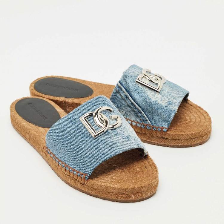Pre Owned Dolce & Gabbana Blue Denim DG Flat Slides Size 40