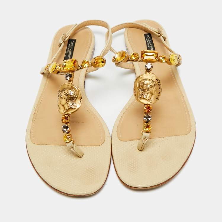 Pre Owned Dolce & Gabbana Beige Lizard Embossed Leather Crystal Embellished Thong Flat Sandals Size 39.5