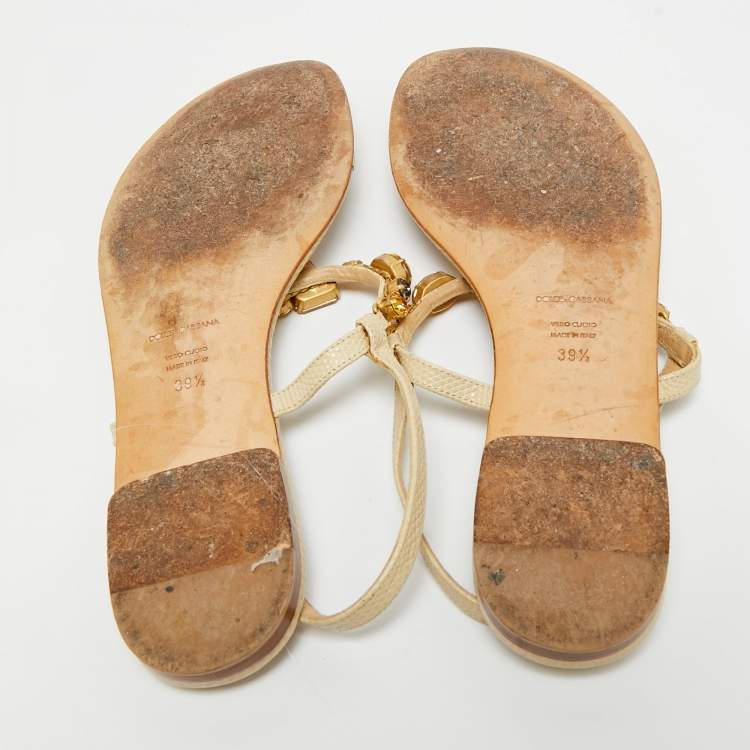 Pre Owned Dolce & Gabbana Beige Lizard Embossed Leather Crystal Embellished Thong Flat Sandals Size 39.5