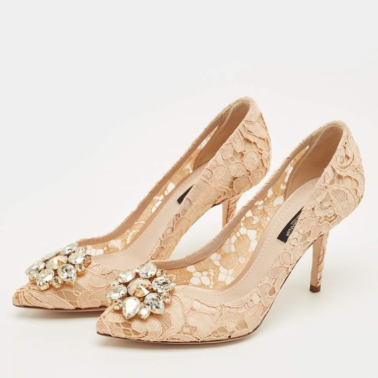 Pre Owned Dolce & Gabbana Cream Lace Bellucci Embellished Pointed Toe Pumps Size 36.5