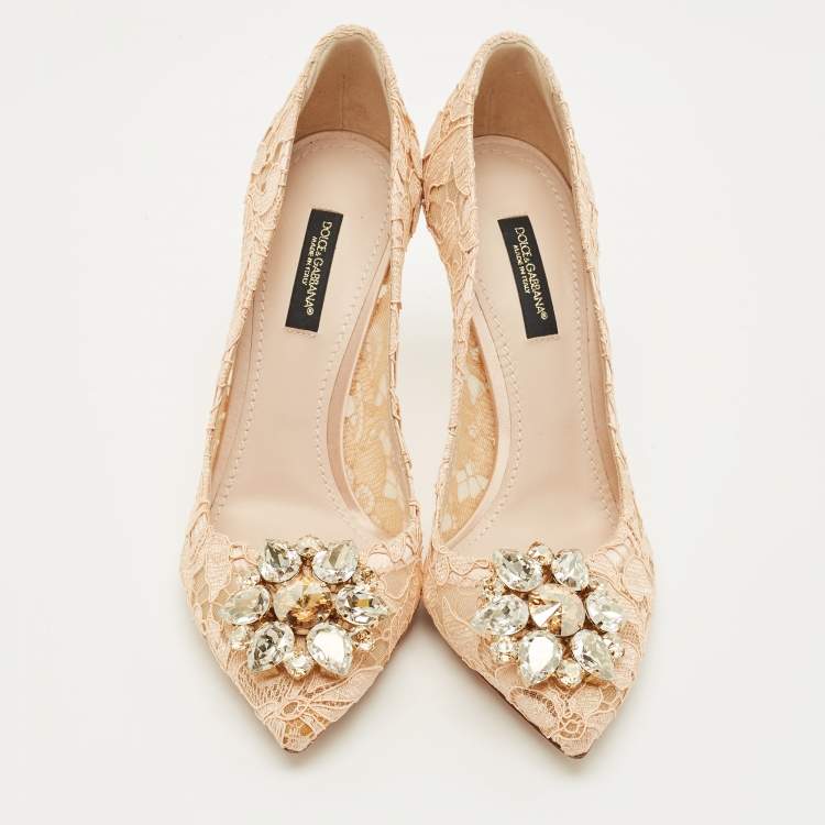 Pre Owned Dolce & Gabbana Cream Lace Bellucci Embellished Pointed Toe Pumps Size 36.5