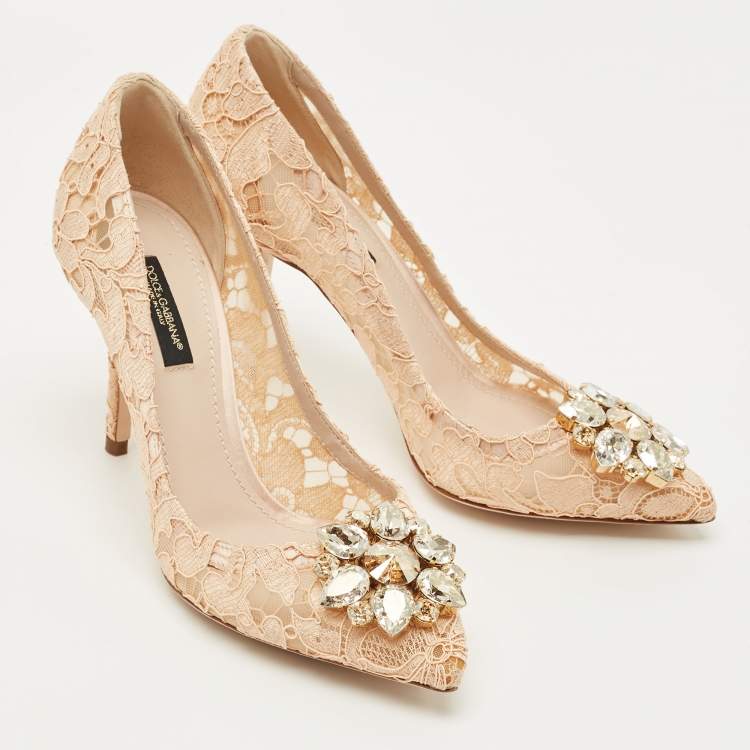 Pre Owned Dolce & Gabbana Cream Lace Bellucci Embellished Pointed Toe Pumps Size 36.5