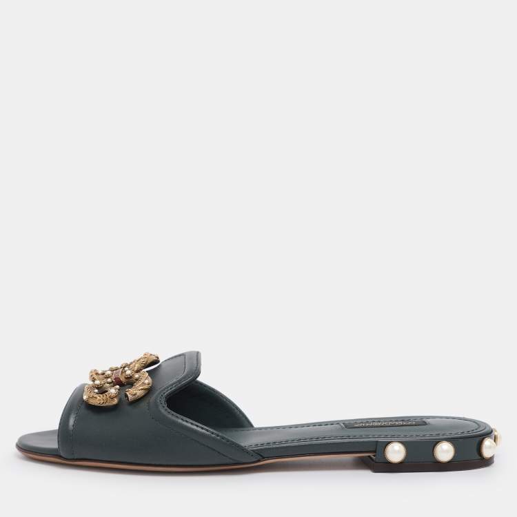 Pre Owned Dolce & Gabbana Green Leather DG Amore Logo Embellished Flat Slide Sandals Size 38