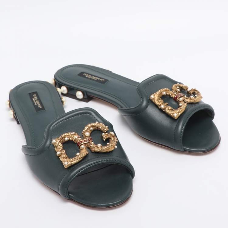 Pre Owned Dolce & Gabbana Green Leather DG Amore Logo Embellished Flat Slide Sandals Size 38