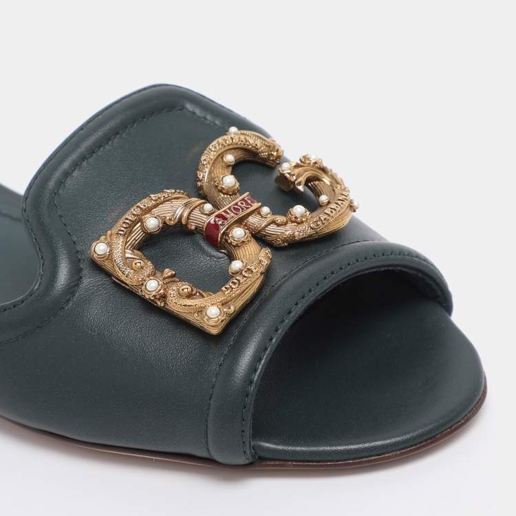 Pre Owned Dolce & Gabbana Green Leather DG Amore Logo Embellished Flat Slide Sandals Size 38