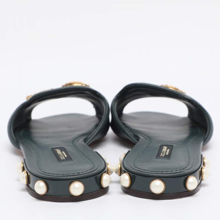 Pre Owned Dolce & Gabbana Green Leather DG Amore Logo Embellished Flat Slide Sandals Size 38