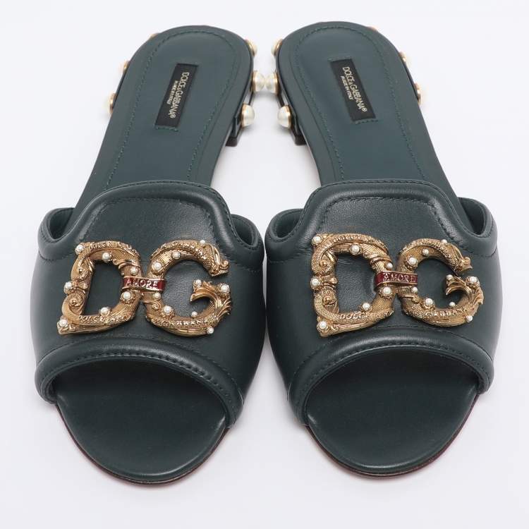 Pre Owned Dolce & Gabbana Green Leather DG Amore Logo Embellished Flat Slide Sandals Size 38