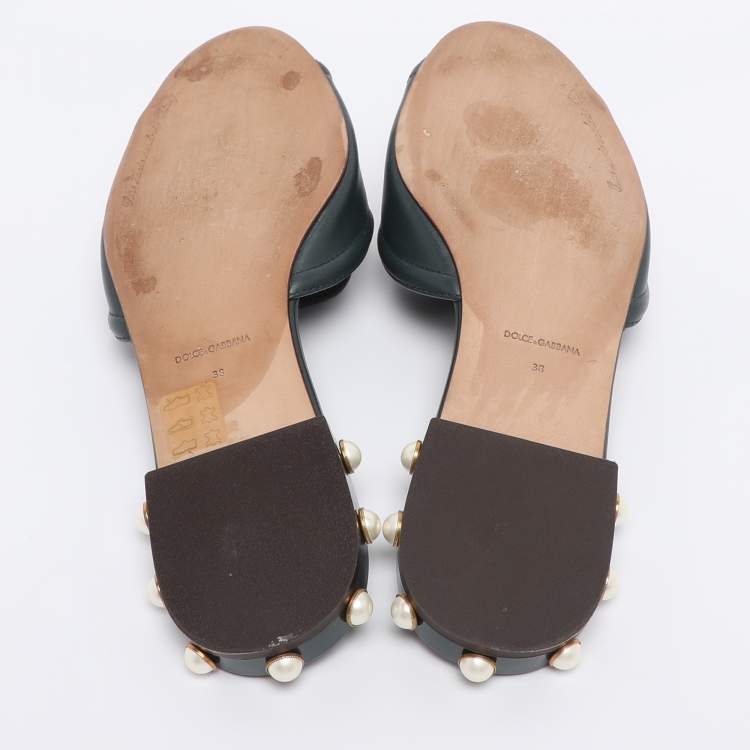 Pre Owned Dolce & Gabbana Green Leather DG Amore Logo Embellished Flat Slide Sandals Size 38