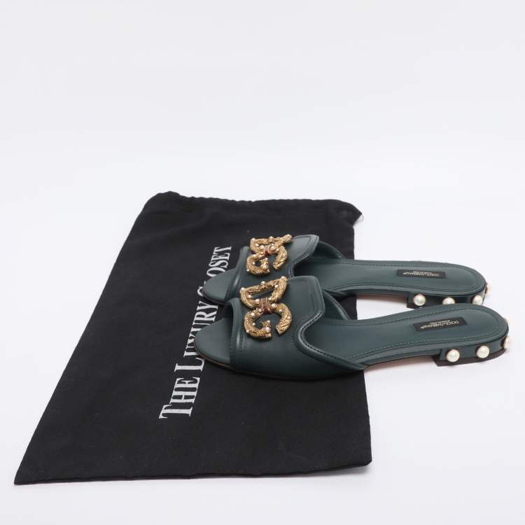 Pre Owned Dolce & Gabbana Green Leather DG Amore Logo Embellished Flat Slide Sandals Size 38