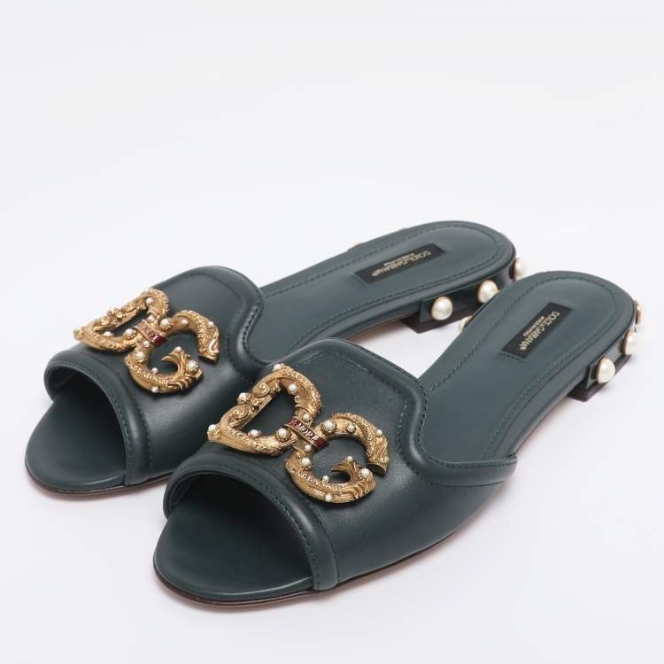 Pre Owned Dolce & Gabbana Green Leather DG Amore Logo Embellished Flat Slide Sandals Size 38