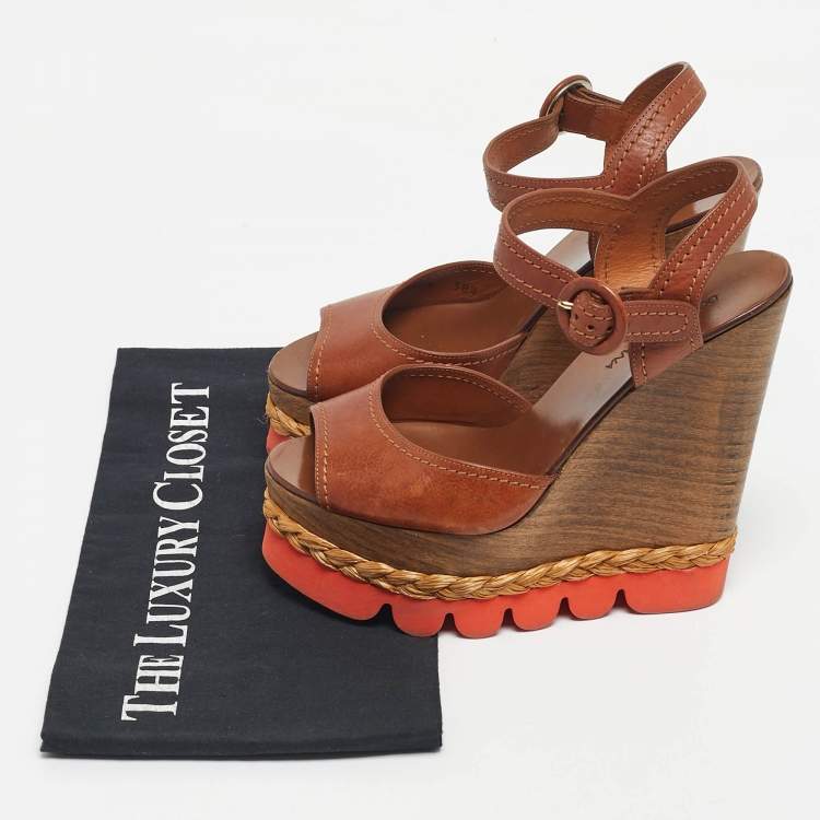 Pre Owned Dolce & Gabbana Brown Leather Ankle Strap Wedge Sandals Size 38.5